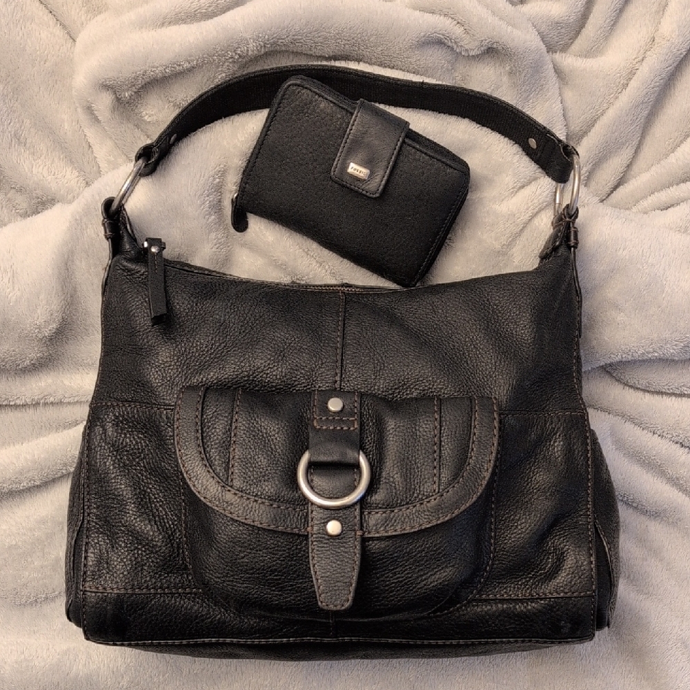 🌼Fossil Set🌼 Black Pebbled Leather Hobo Shoulder Bag & Wallet - Picture 3 of 16